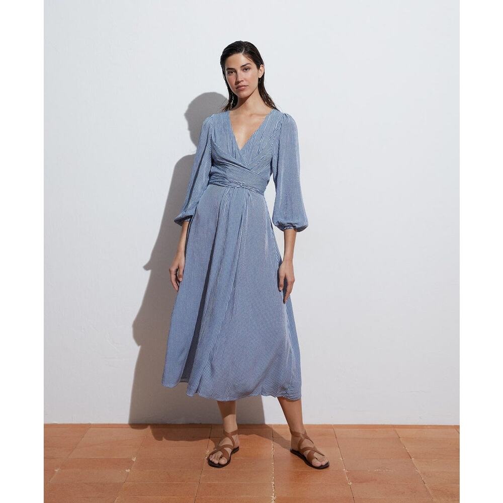 Oysho Long Gingham Midi Dress Blue White Country Prairie NEW Size Small